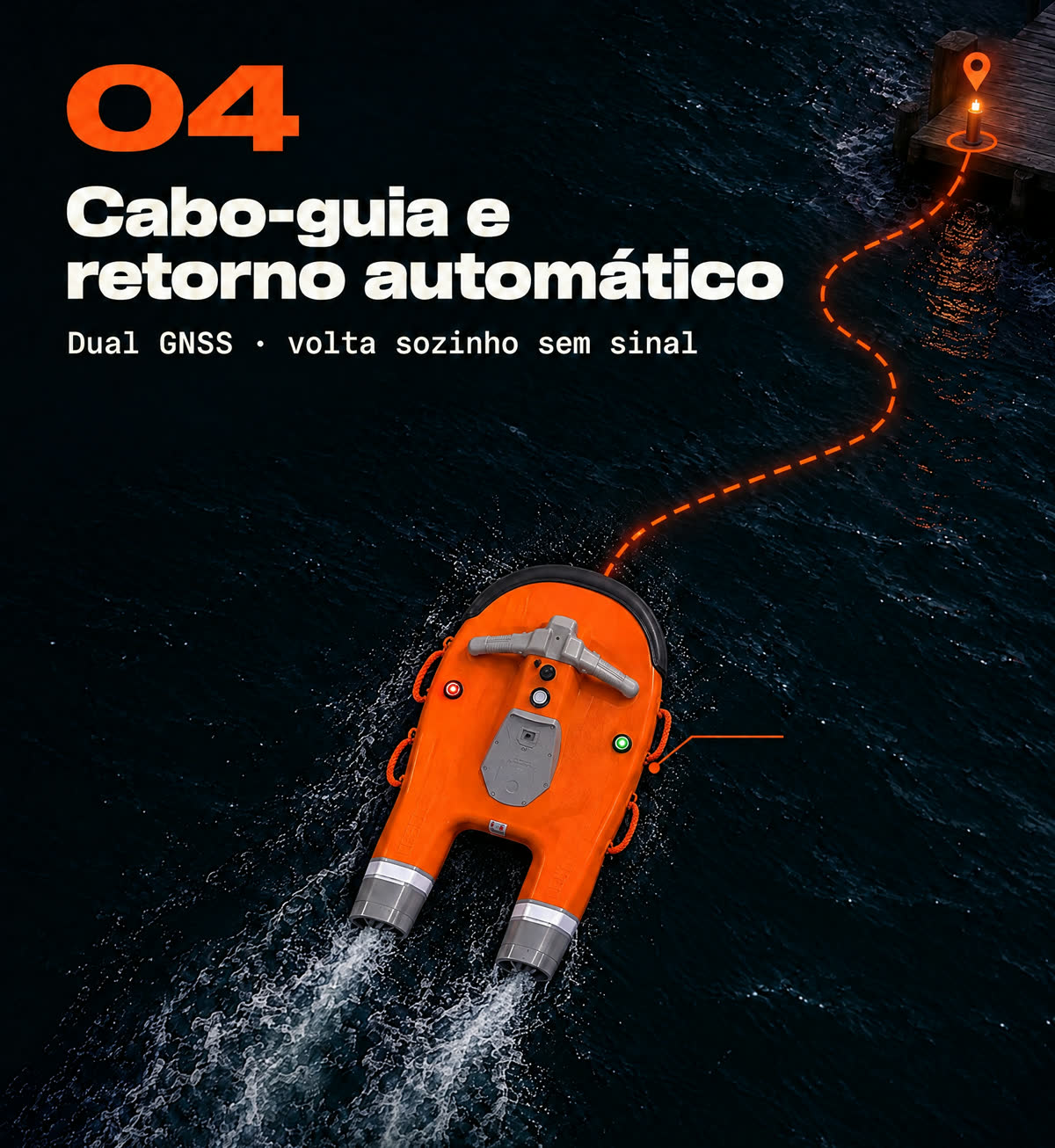 Dolphin D3+ visto do alto voltando de proa para o píer, com as alças de corda nas laterais