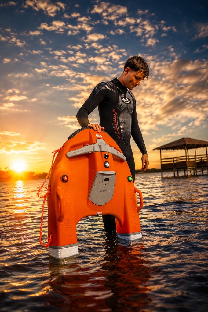 Socorrista com Dolphin D3+ OceanAlpha em operação aquática ao entardecer